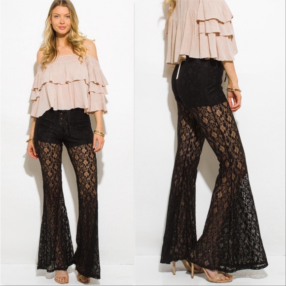 Pants - BLACK LACE BELL BOTTOM PANTS